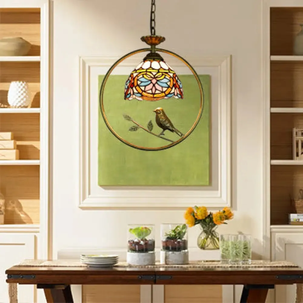 Tiffany Style Dome Suspension Lamp - Elegant Stainless Glass Pendant Lighting with Bird Accent