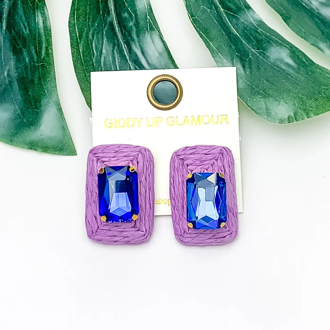 Truly Tropical Raffia Rectangle Earrings in Purple With Blue Crystal