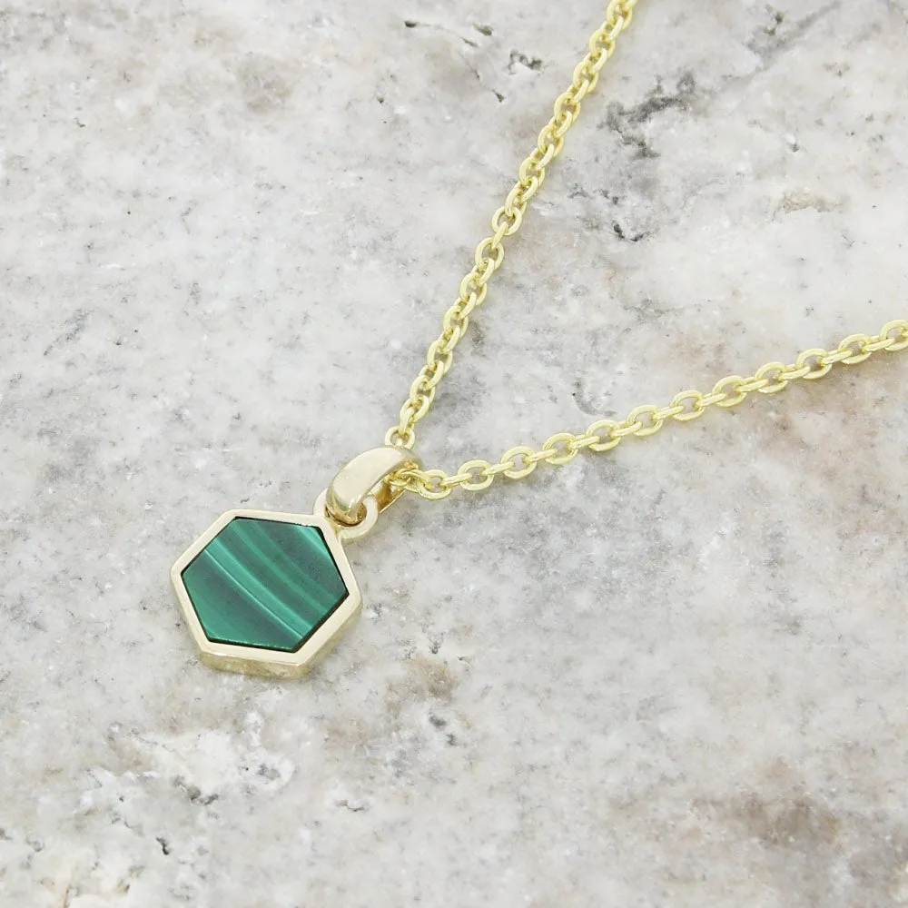 Unique & Co Gold Plated Malachite Hexagon Pendant and Chain MK-887