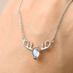 Unique Deer Antler Teardrop Rainbow Moonstone 925 Sterling Silver Necklace