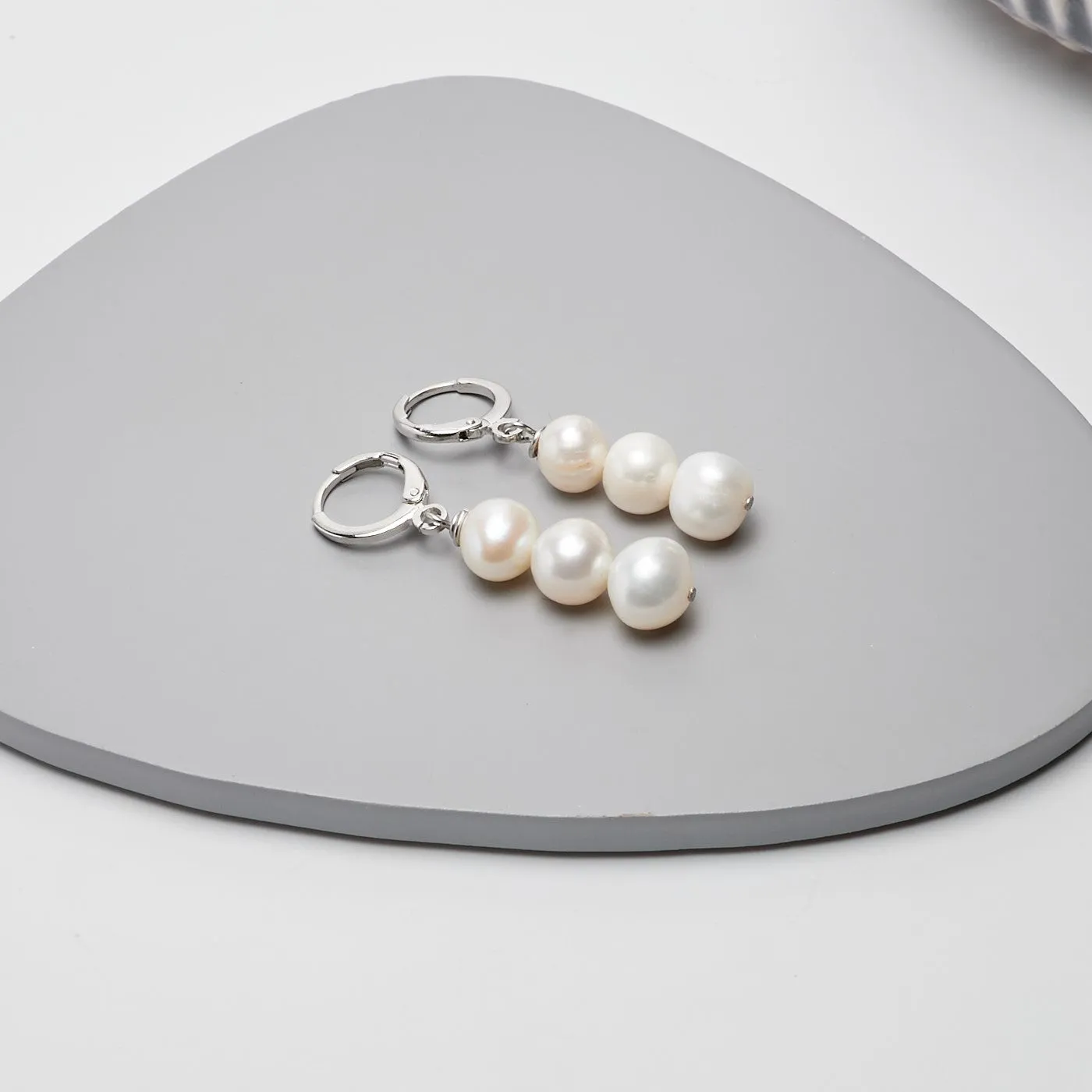 Women's Pearl Earrings - White | Triple Pearl Beads Dangle Drop Hoop Leverback Earrings | Gift for Her