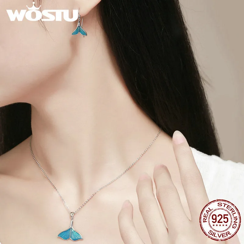 WOSTU   Unique Sterling Silver Women's Mermaid Tail Earrings & Necklace Set