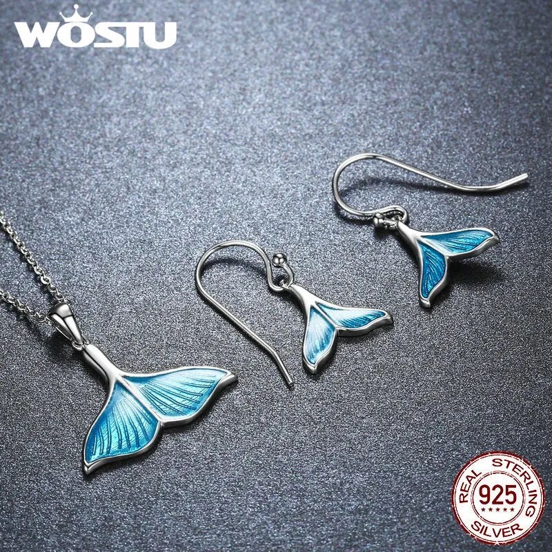 WOSTU   Unique Sterling Silver Women's Mermaid Tail Earrings & Necklace Set