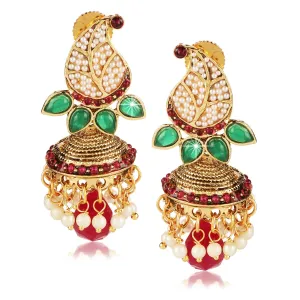 Yellow Chimes Stylish Moti Leaf Red Stone Traditional Pearl Earrings for Women and Girls